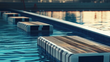 An artistic view of diving boards reflected in a tranquil pool at sunset.