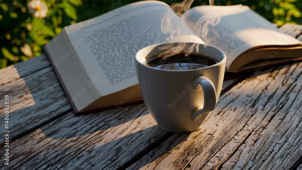 Poster a steaming cup of coffee on a rustic wooden table with an open book in the background, captured in a