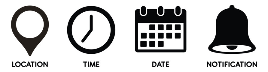 Date, Time, Address icon set, containing Calendar, address location pointer and alarm bell. Notice alert, Notification, schedule, time clock vector illustration