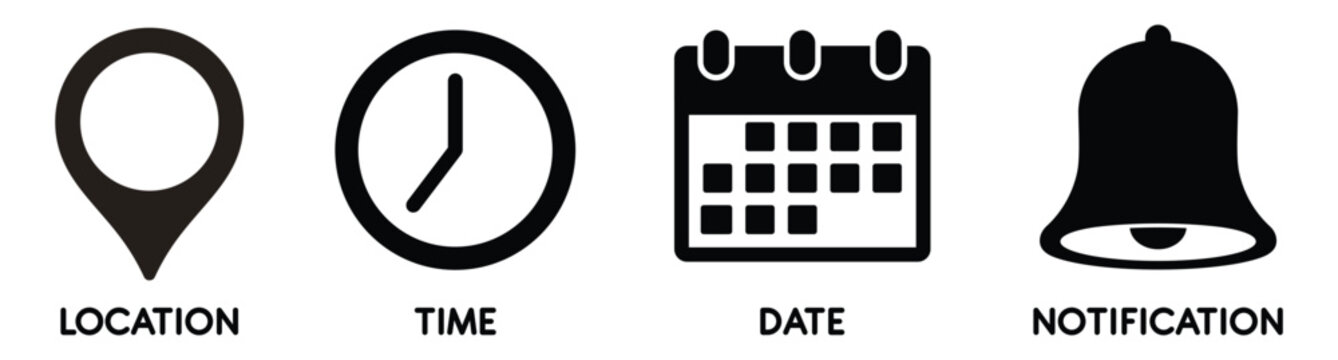 Date, Time, Address icon set, containing Calendar, address location pointer and alarm bell. Notice alert, Notification, schedule, time clock vector illustration