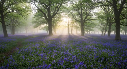 Fototapeta premium Sunlight streaming through misty forest trees over carpet of blooming bluebells