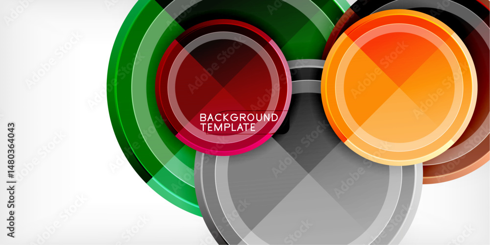 Poster Abstract circles overlap, creating dynamic composition. Bright colors contrast dark background. Modern design element for templates.