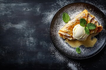 Crepe with vanilla ice cream, sauce, and mint, dusted with powdered sugar. Use for restaurant menus, food blogs, or sweet dessert themed designs.