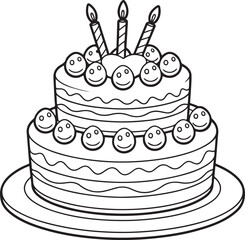 A detailed sketch of a birthday cake with candles, decorations, and icing.