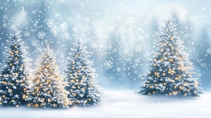 Fototapeta premium Snowy winter scene with illuminated Christmas trees and falling snowflakes, creating a festive and serene holiday atmosphere in a forest setting.