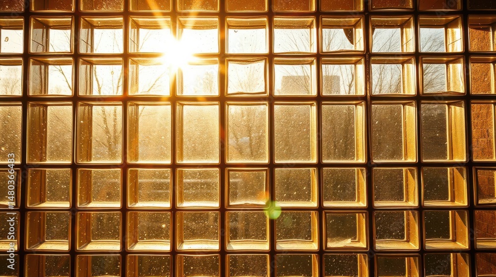 Poster sunlight streams through glass blocks, creating a warm, textured light pattern. geometric and abstra