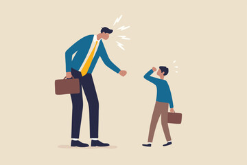 Complainer boss, angry and furious on work failure criticism, underperform employee or conflict in work concept, big boss businessman furious, mad complaining, shouting to sad underperform employee.