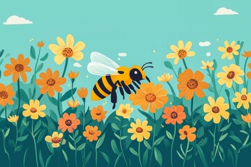 Flat style cartoon bee flying among colorful spring flowers.