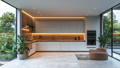 Modern open-plan kitchen with outdoor views and warm lighting.