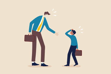 Complainer boss, angry and furious on work failure criticism, underperform employee or conflict in work concept, big boss businessman furious, mad complaining, shouting to sad underperform employee.