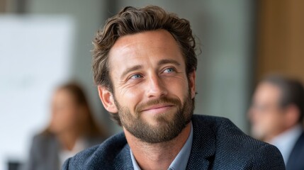 Obraz premium Smiling Man Listening Attentively in Meeting with Thoughtful Expression