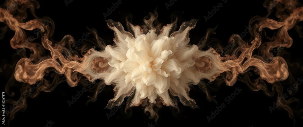 Poster abstract ethereal bloom with smoky tendrils, creating a mesmerizing symmetrical display on black.