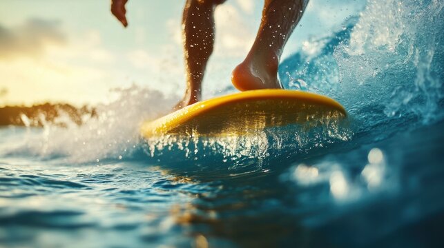A close-up of a male surfer, feet on a yellow board, catching a wave at sunset, exuding excitement and energy.