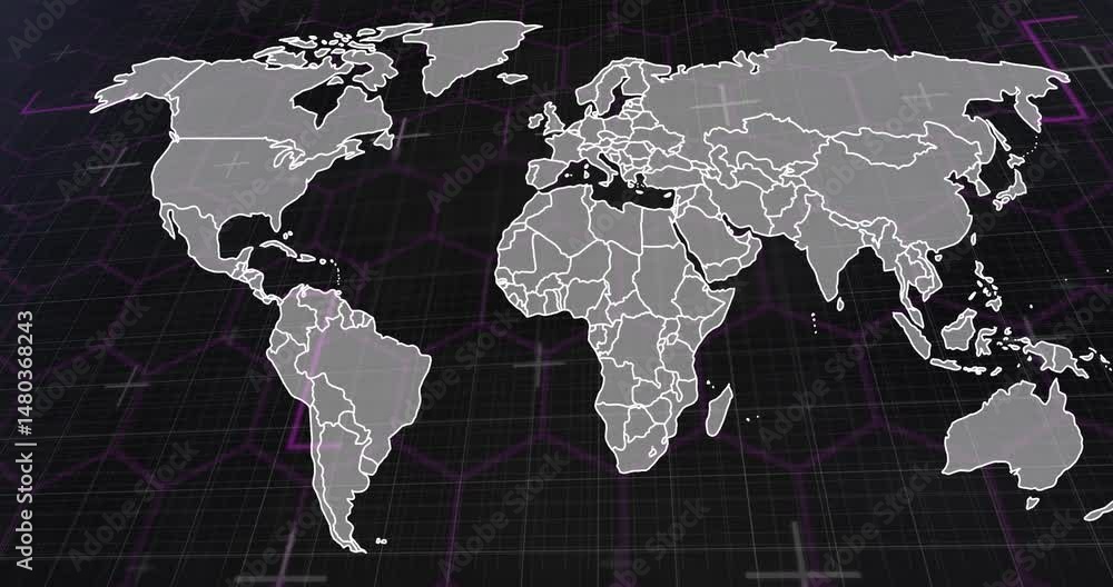 Poster digital world map being displayed on dark grid, with purple hexagon pattern and crosshair markers