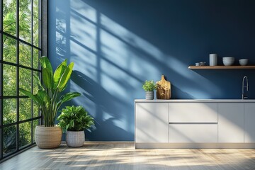 Modern kitchen interior with natural light and plants.