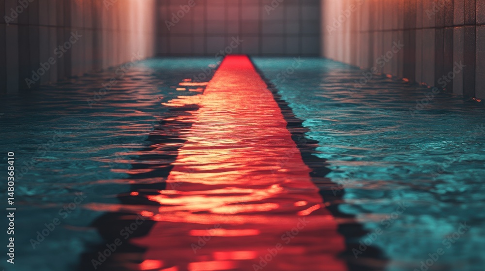 Poster serene water reflections with a vibrant red stripe illuminating the pool's depth, creating a tranqui