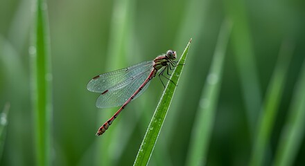 Red-and-Black Damselfly on Dew-Covered Grass Blade