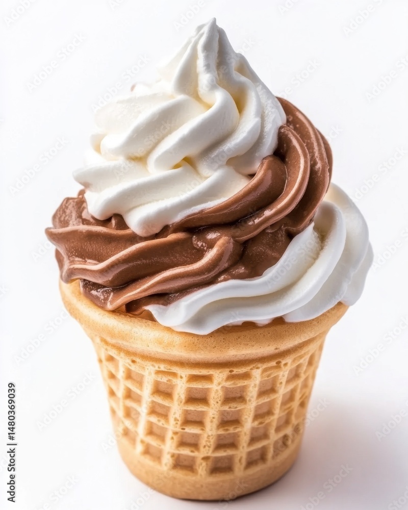 Aufkleber close up of vanilla and chocolate swirl soft serve ice cream in a cone on a white background studio 