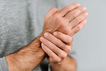 Fototapeta premium Wrist Pain Relief: Man Massaging Sore Wrist - Carpal Tunnel Syndrome Treatment. Gray Background. Photography.