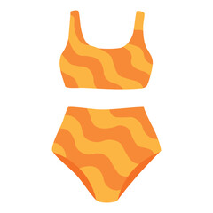 Bright high-waisted bikini with wavy orange pattern, cheerful and retro summer beach vibe.