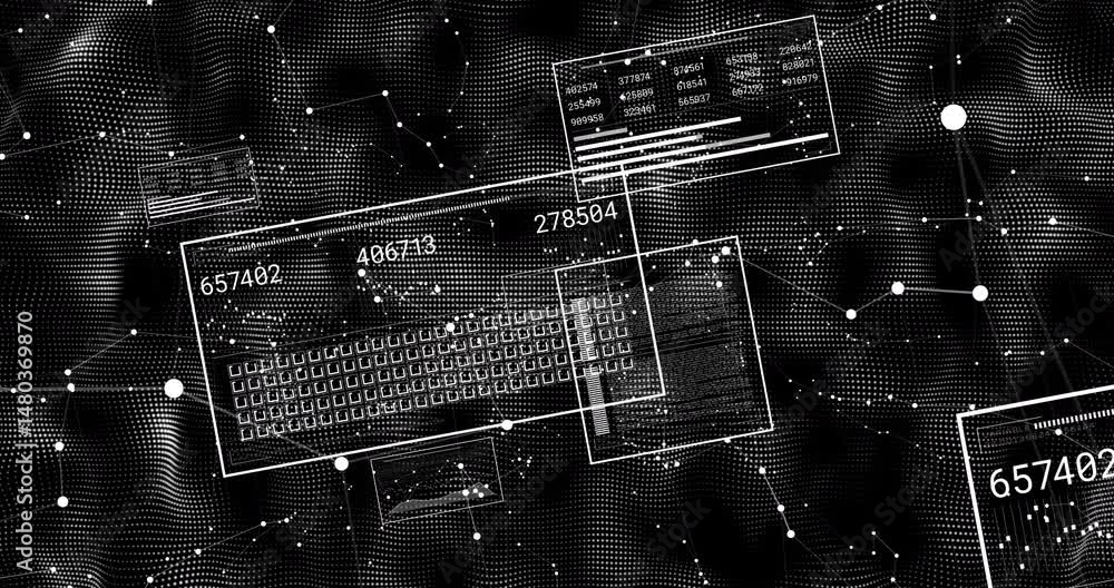 Poster Translucent data panels displaying numeric IDs and grid cells floating above dark wavy mesh network