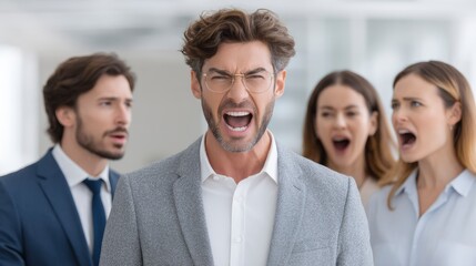 Fototapeta premium Man Yelling with Colleagues Expressing Shock and Disgust