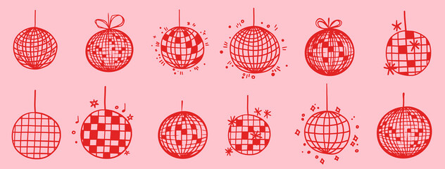 Hand drawn disco ball icon doodle in trendy style vector doodle icon mirror glittering with stars. Ideal for wedding, graduation party design templates
