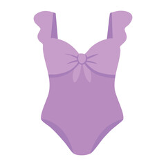 Charming purple one-piece swimsuit with ruffled straps and bow, great for summer fun days.