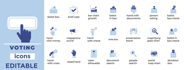 Editable voting icons with a clean, modern design ideal for elections, politics, polls, campaigns, civic apps, and infographics.