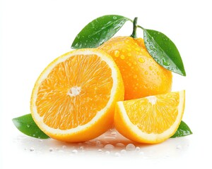 Fototapeta premium Whole orange with one slice placed in front, both highly detailed with visible pores on white background