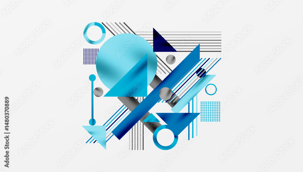 Poster abstract geometric composition. blue shapes overlap white background. lines, circles, triangles crea