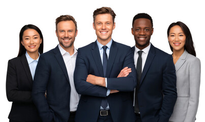 Diverse corporate team dressed formally for a professional shoot, smiling together, isolated on white or transparent background