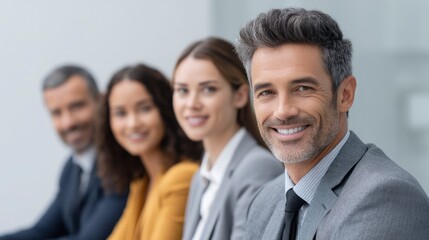 Smiling Business People in a Row Looking at Camera