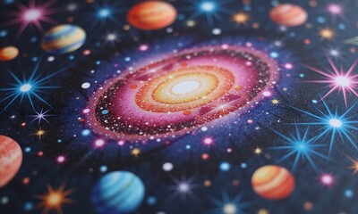 Fototapeta premium Retro Cosmic Seamless Pattern, 3D Psychedelic Art