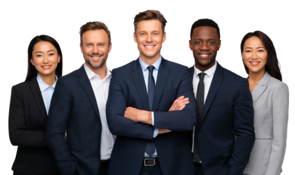 Diverse corporate team dressed formally for a professional shoot, smiling together, isolated on white or transparent background