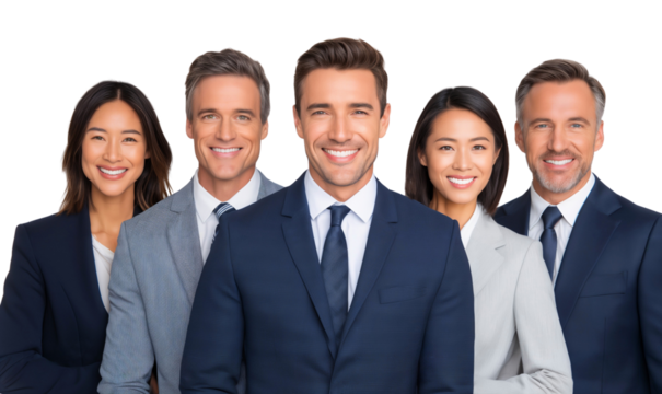 Portrait of a successful business team showcasing teamwork and unity, isolated on transparent background