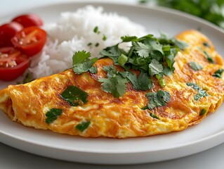 Fresh Omelet with Herbs and Cherry Tomatoes on White Plate