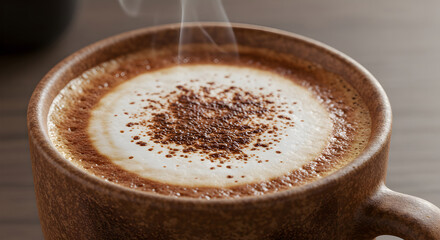 Steaming Cup Of Cappuccino Garnished With Cocoa Powder In An Earthy Mug