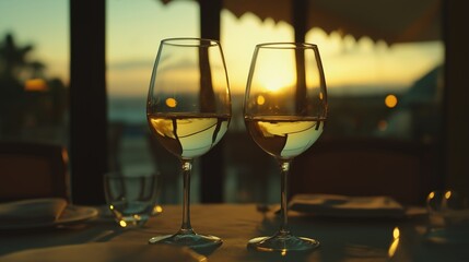 Two wine glasses with white wine on an elegant table; a moment of refined relaxation and simple luxury.