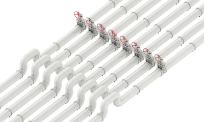 White pipeline network engineered for industrial fluid flow. Top view. Isolated on a transparent background. 3D illustration.