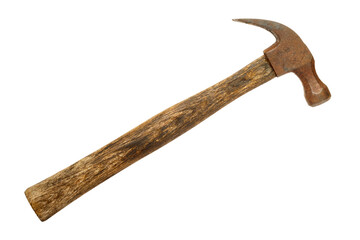 Old wood carpentry hammer isolated on white