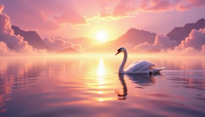 Fototapeta premium A graceful swan glides on a calm lake during a vibrant sunset with mountains and clouds in the background.