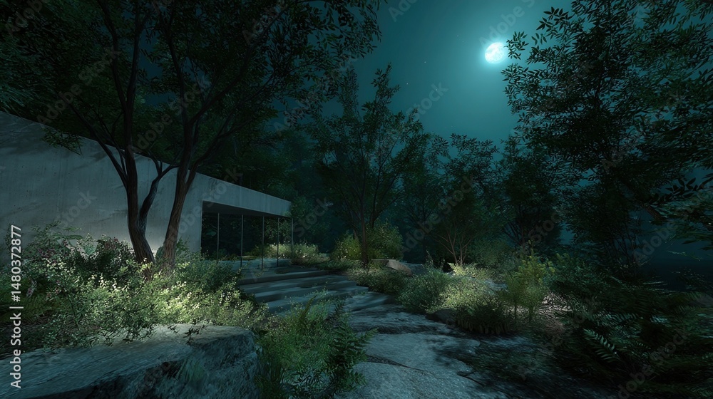 Poster an evening scene where the biomirror forest glows softly under the moonlight the fractal patterns su