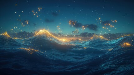 Obraz premium Ocean waves illuminated by golden light under a night sky with scattered stars and clouds, creating a serene and magical seascape at twilight.
