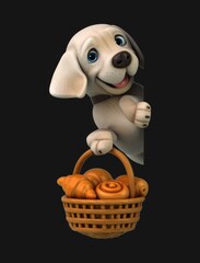 Fun 3D cartoon dog with a basket of pastries