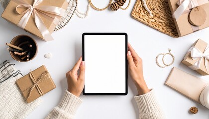 Obraz premium Hand swipes through digital product catalog on tablet over a modern desk setup. E-commerce, digital browsing, and shopping concept captured with clean studio lighting and sharp focus.