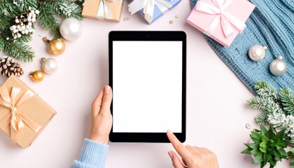 Obraz premium Hand swipes through digital product catalog on tablet over a modern desk setup. E-commerce, digital browsing, and shopping concept captured with clean studio lighting and sharp focus.
