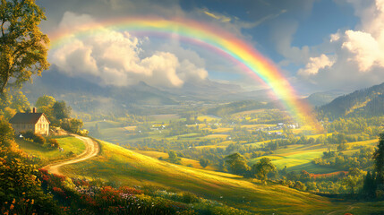 Obraz premium A rainbow arches over a green landscape with a small house and hills.