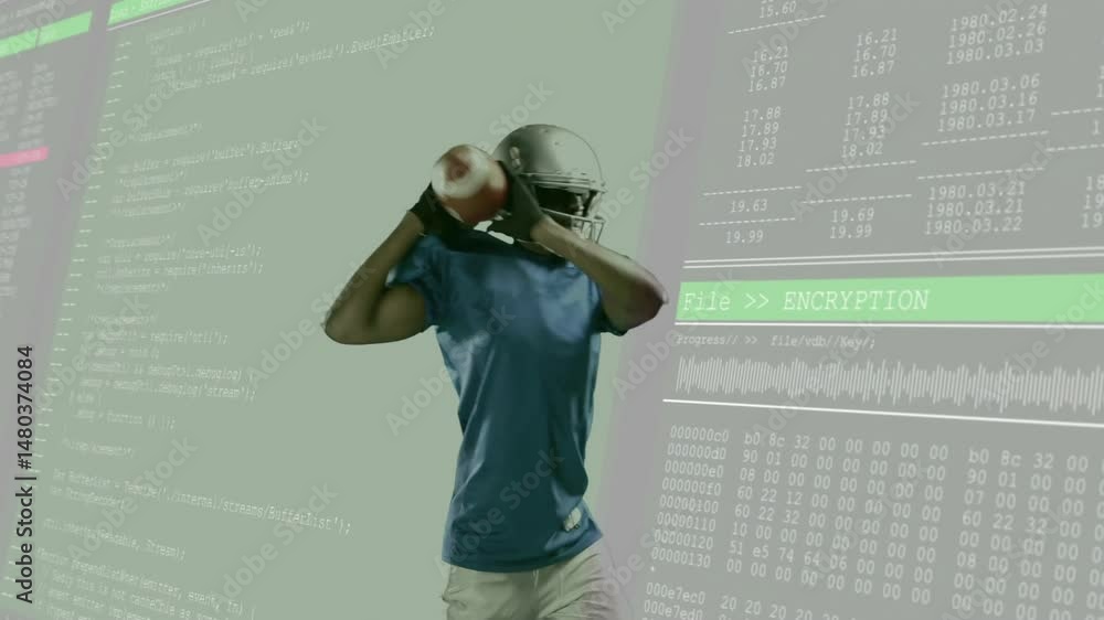 Poster quarterback throwing football in studio set, with scrolling code panels and encryption graphics