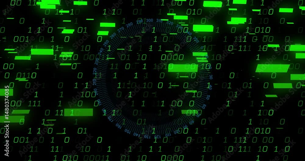 Poster Virtual interface showing floating green binary digits and glitches overlaid by blue circular gauge